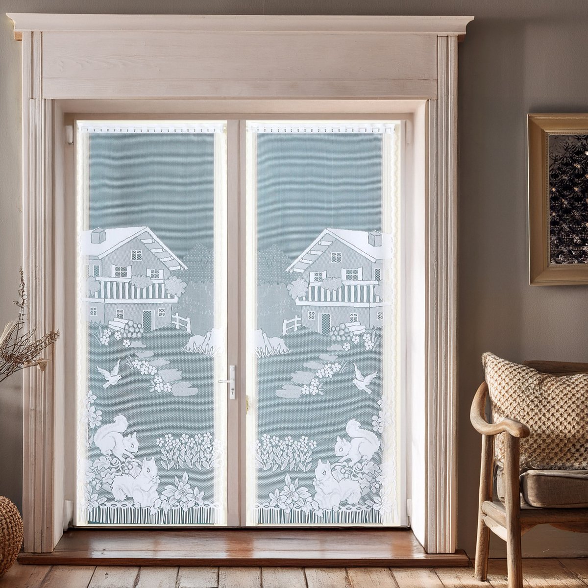 Paire de vitrages frangés en dentelle chalet et animaux blanc, HOME MAISON