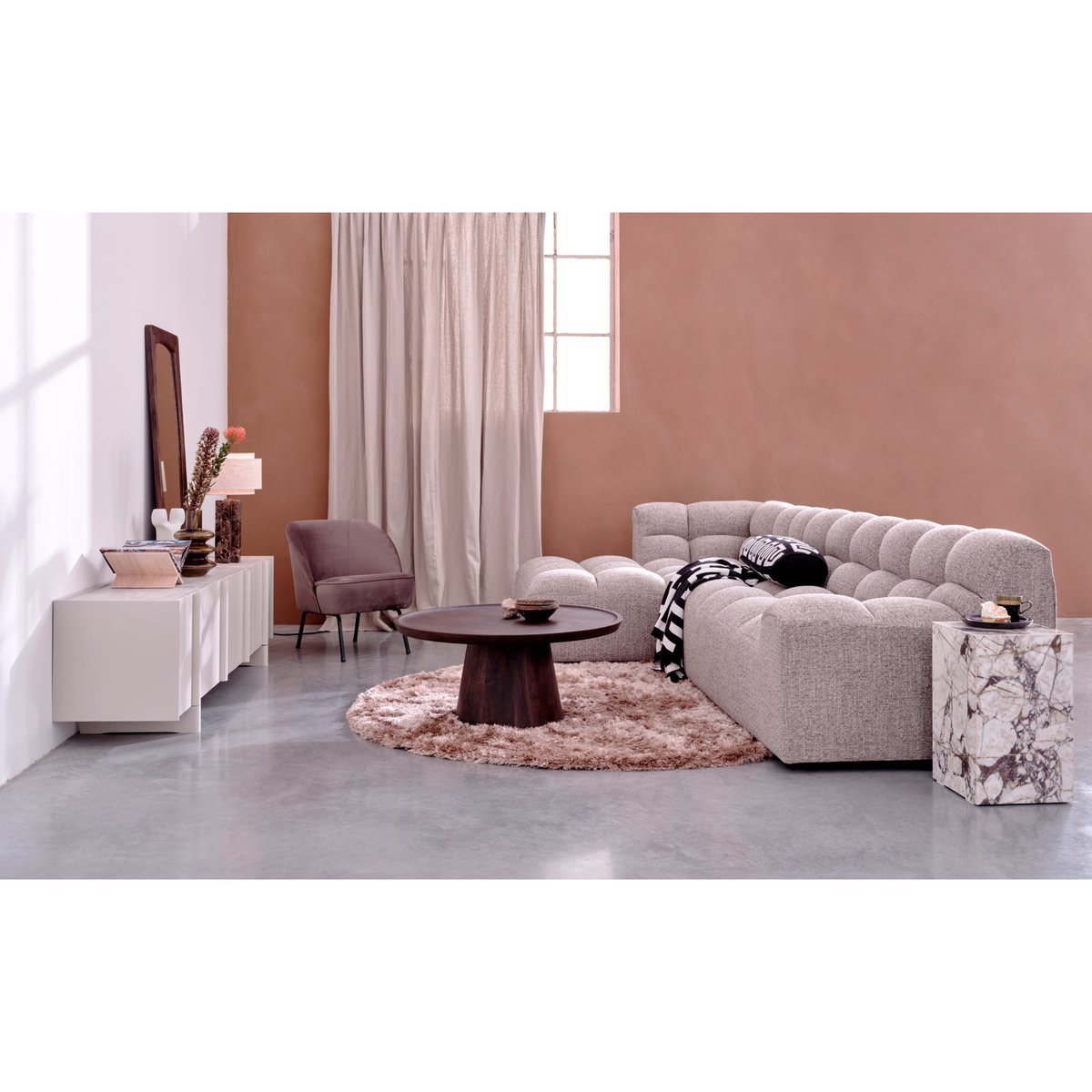 Canapé d'angle gauche avec meridienne en tissu tissé ALLURE marron, WOOOD