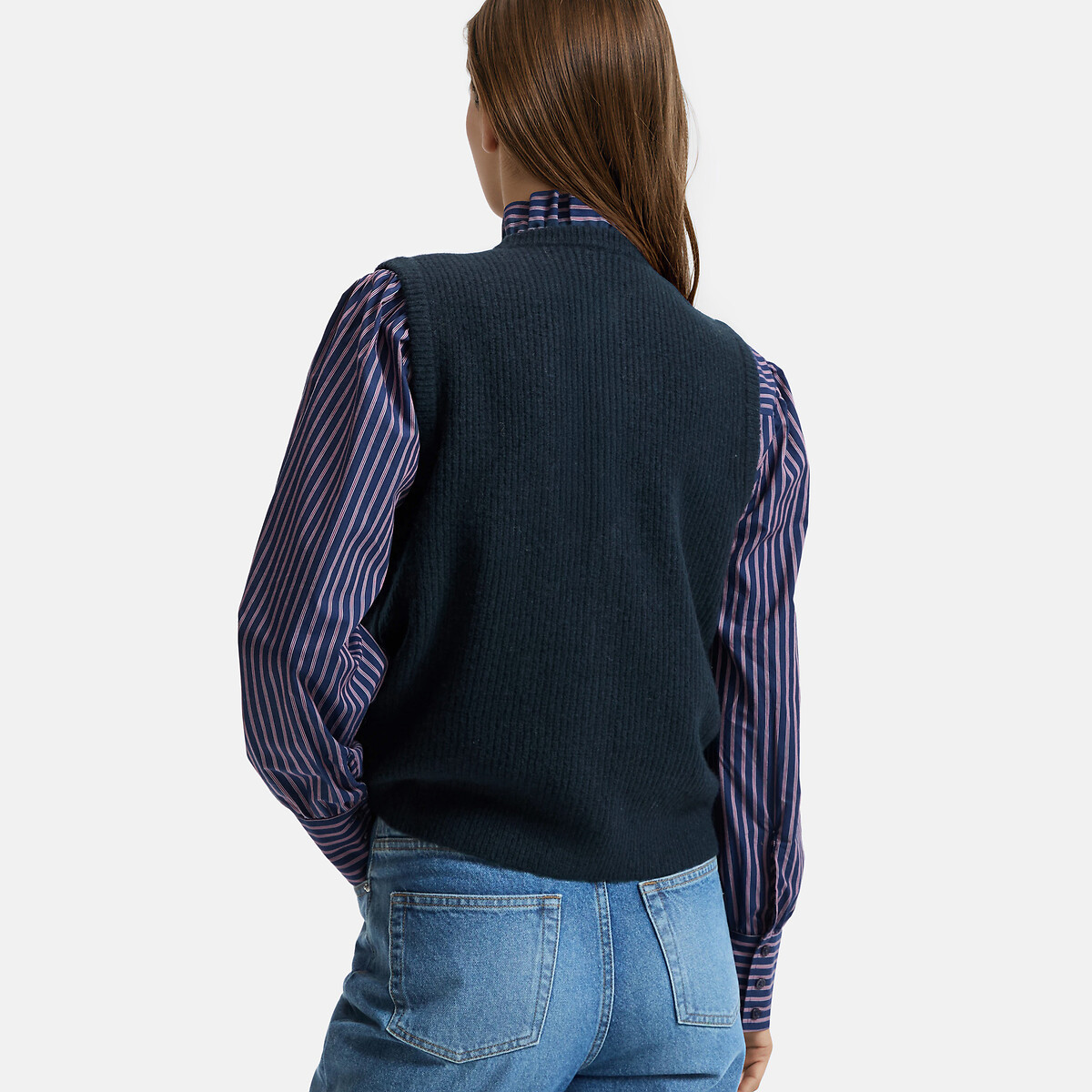 Gilet sans manches en maille côtelée bleu marine, LA REDOUTE COLLECTIONS