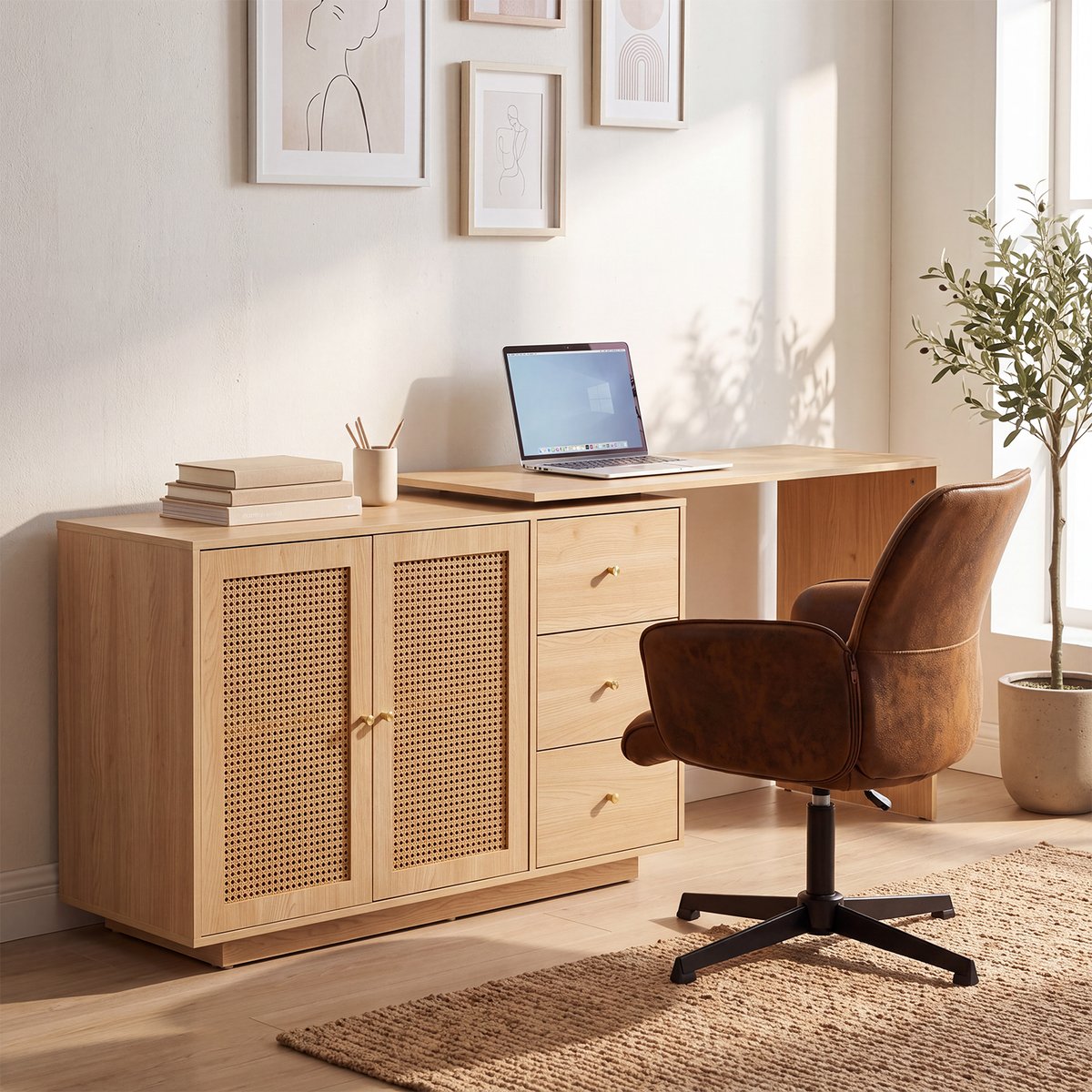 Ensemble de bureau d’angle rotatif avec portes rotin et chaise de bureau, DICCPERNTHOMASINAM marron, MEUBLES COSY