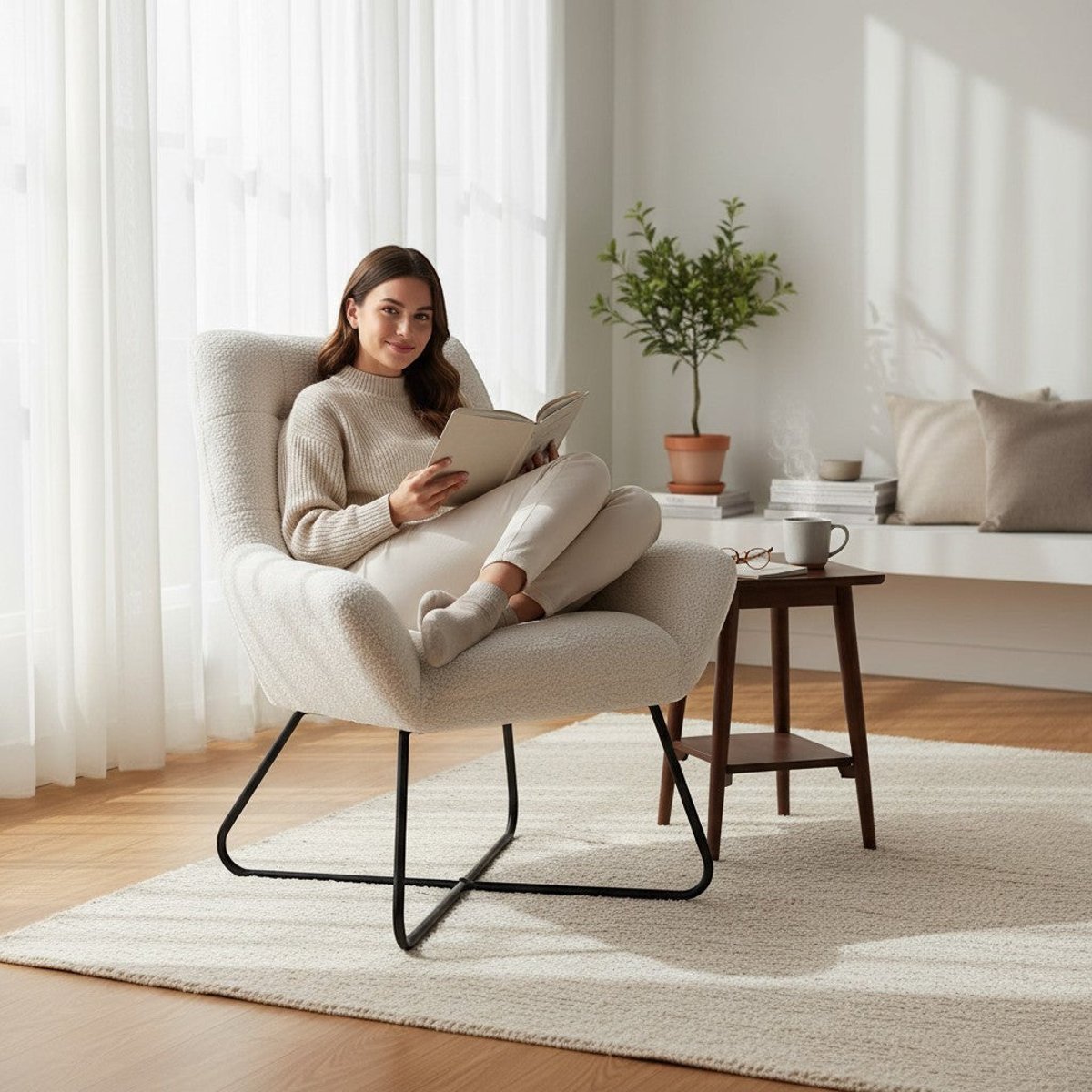 Fauteuil tissu effet laine bouclette blanc, ZAGO