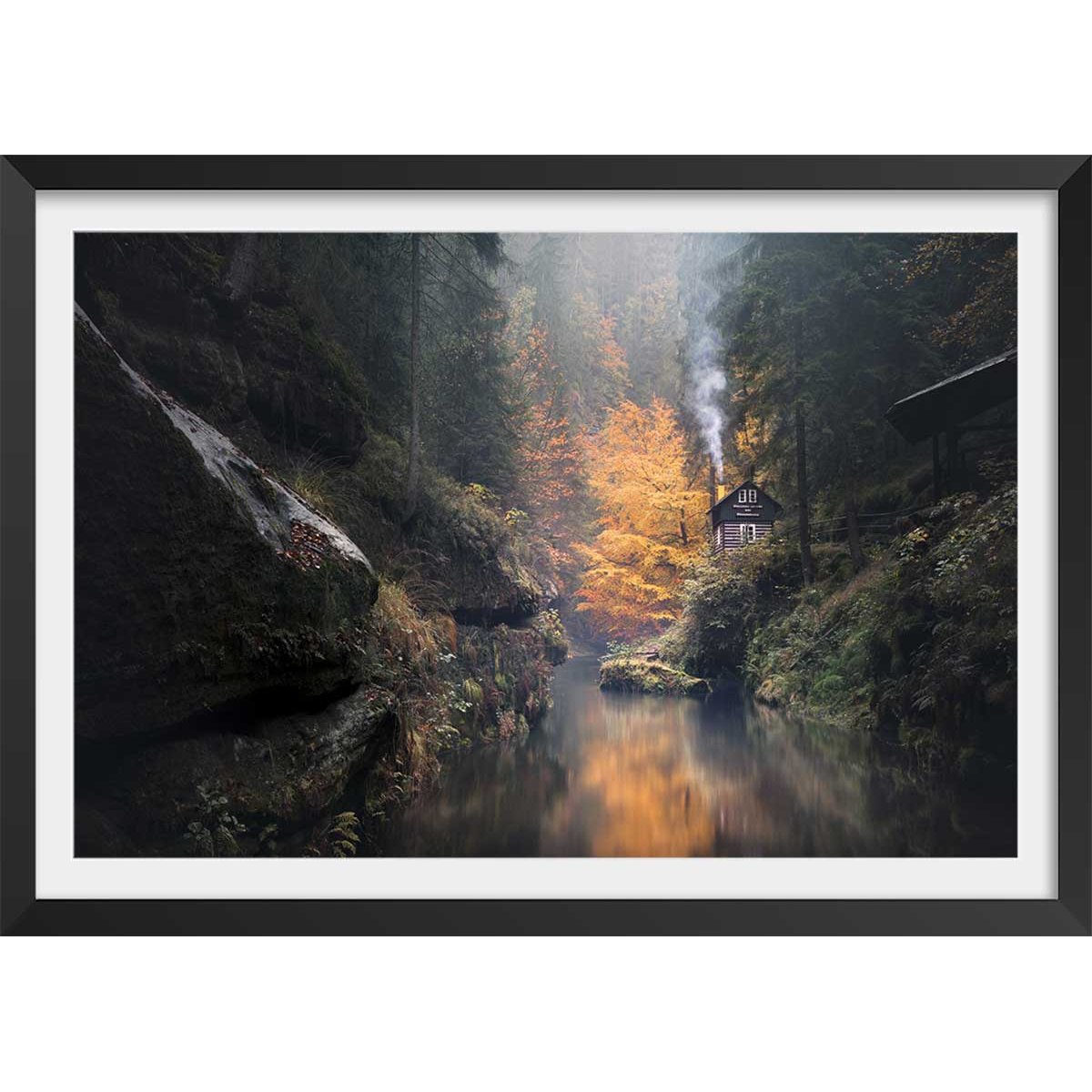 Affiche Vallée suisse en Automne affiche + cadre en bois - noir, HEXOA