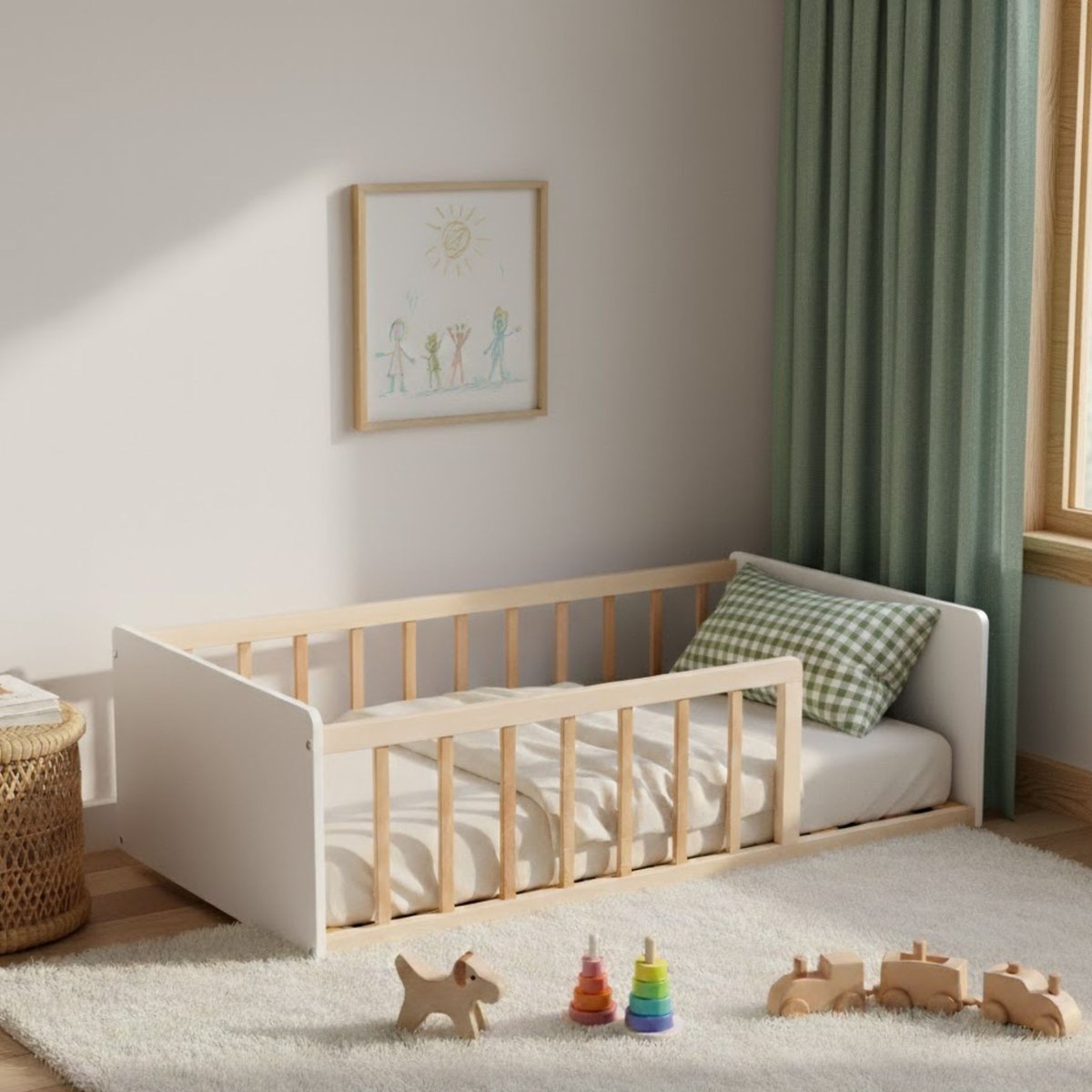 Lit enfant inspiration Montessori au sol à barreaux bicolore 90x190 naturel, TERRE DE NUIT