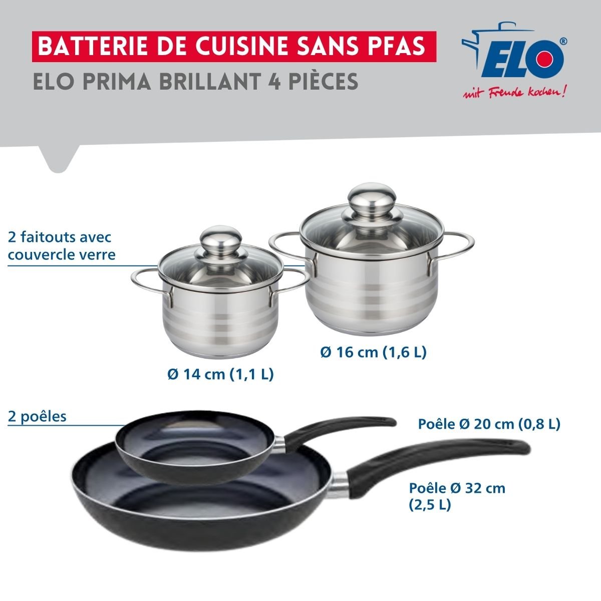 Batterie 2 poêles 20/32cm + 2 faitouts 14/16cm PRIMA BRILLANT noir, ELO