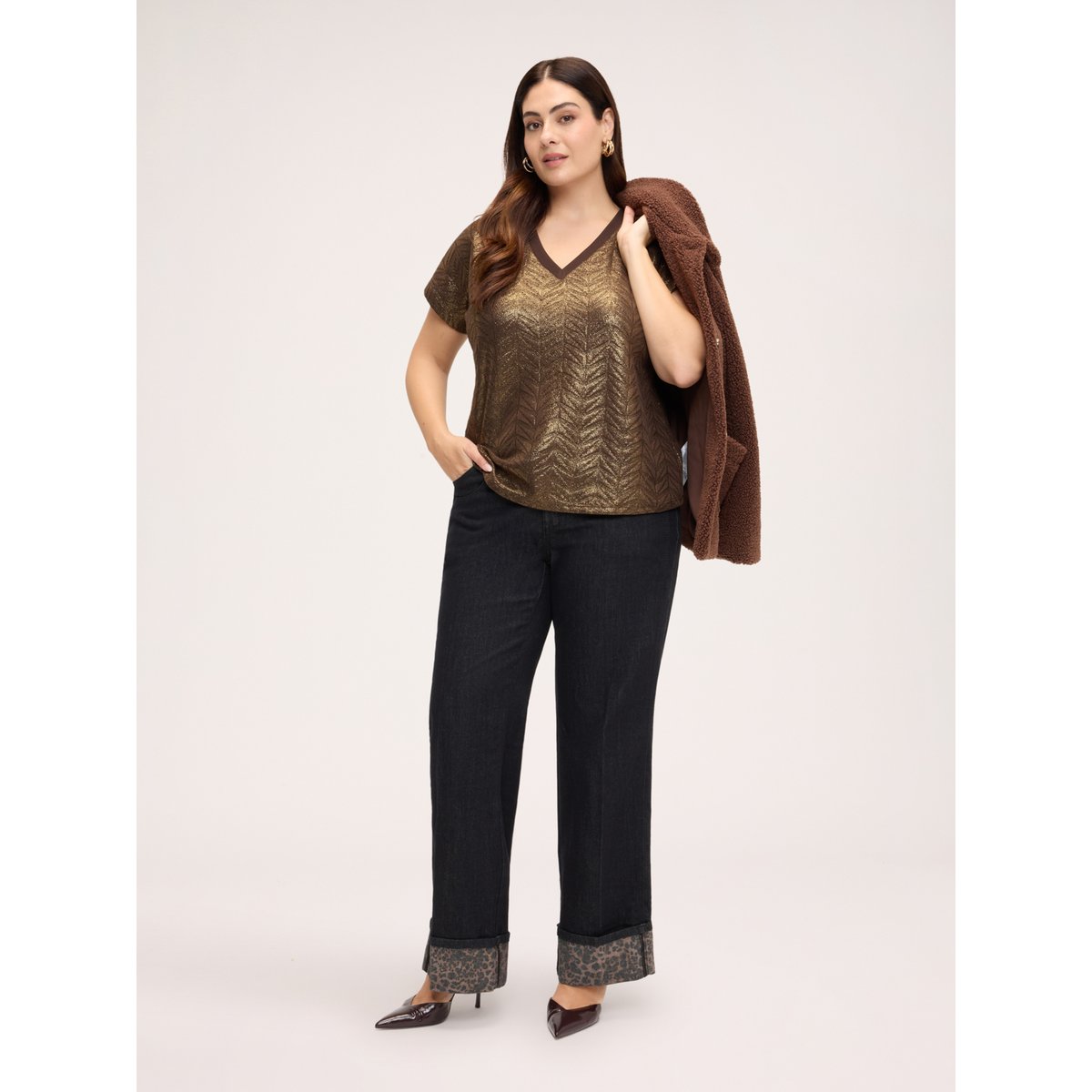 T-shirt col en V marron, FIORELLA RUBINO