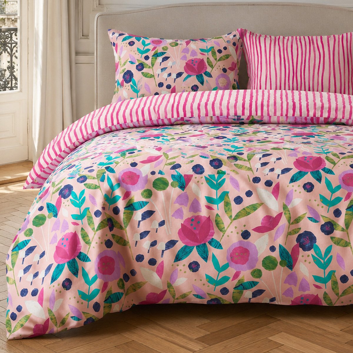 Parure housse de couette en percale de coton floral printemps, KATE MERRIT multicolore, C DESIGN HOME TEXTILE