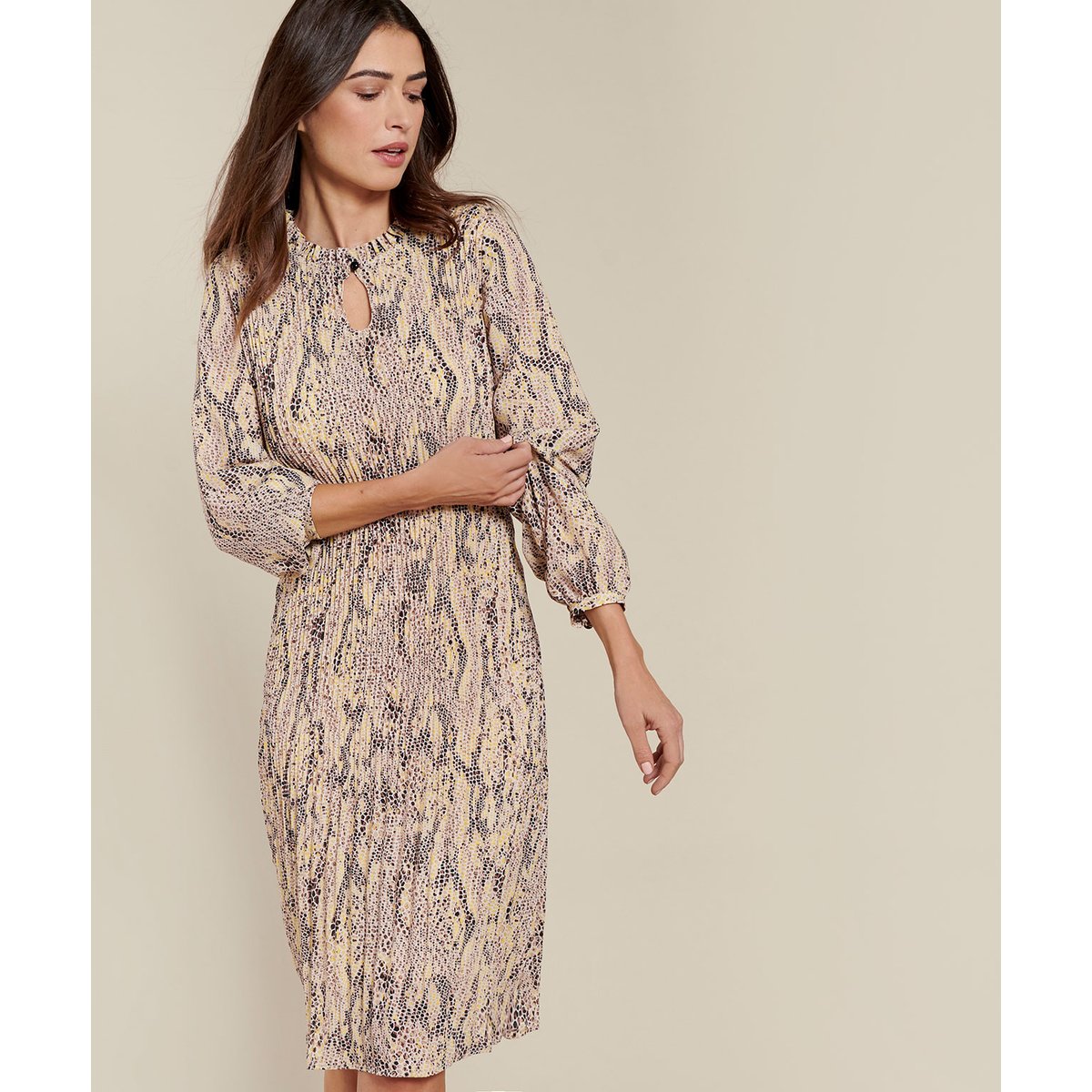 Robe plissée serpent marron imp. reptile, DAMART