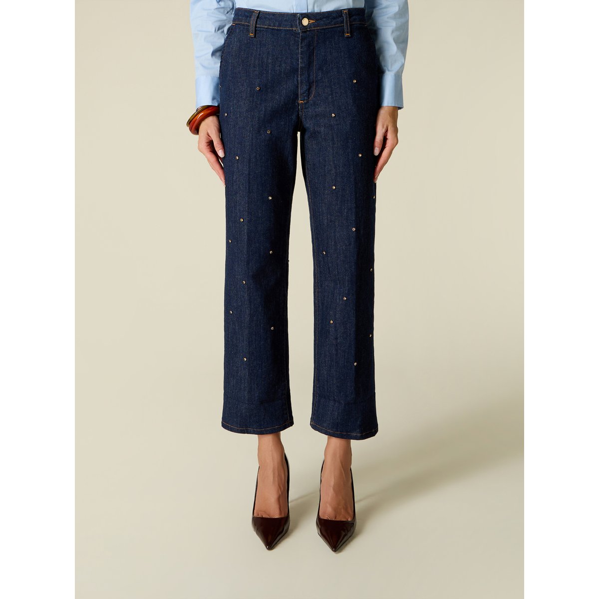 Jean cropped avec cristaux bleu, OLTRE