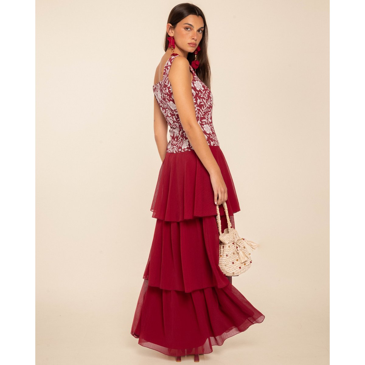 Robe midi avec bustier brodé et jupe en mousseline à trois volants rouge, THE-ARE