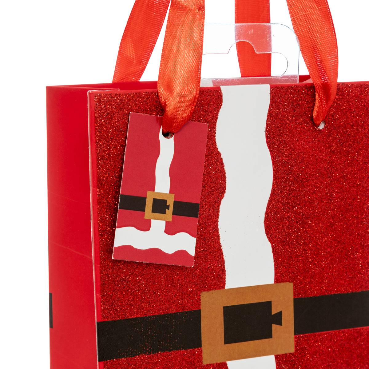 Sac cadeau imprimé taille mini tenue de Père Noël paillettes rouge rouge, ATMOSPHERA