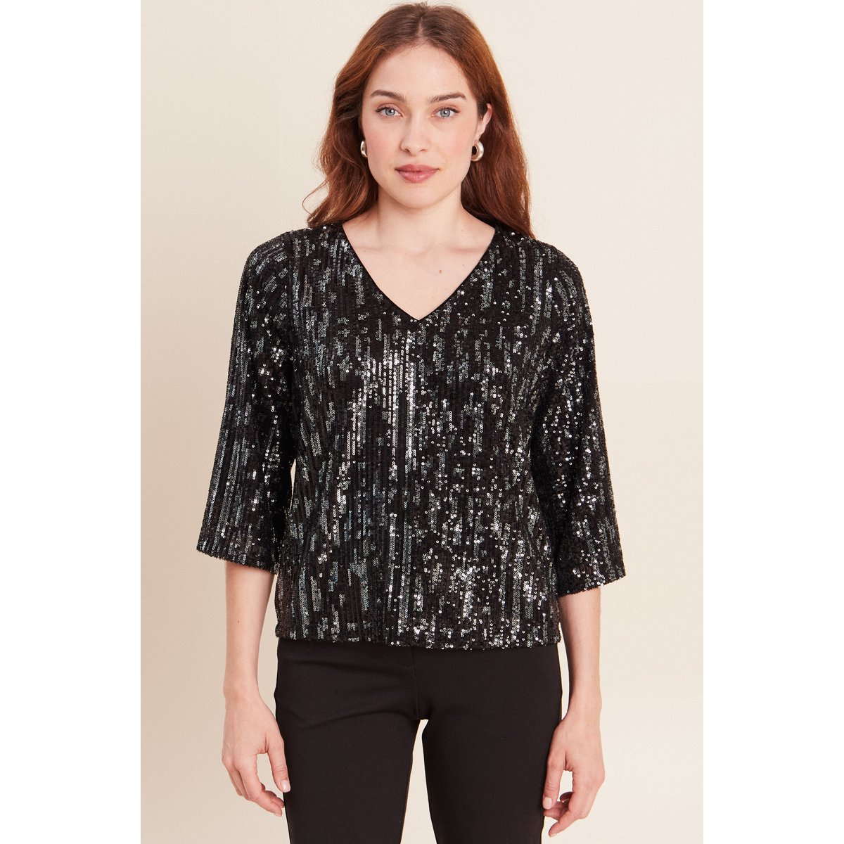 Blouse col v manches 3/4 à sequins gris foncé, BREAL