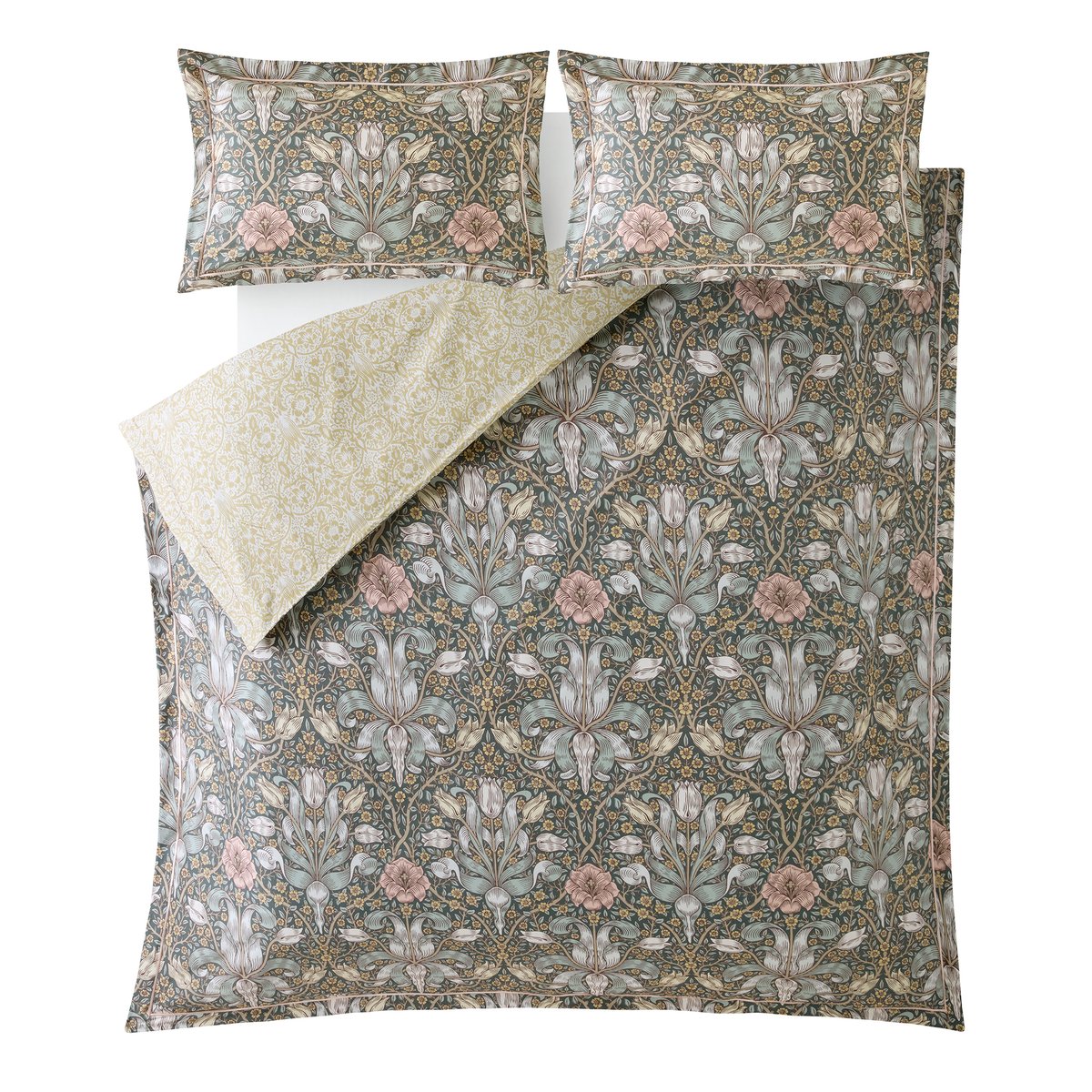 Parure de lit, housse de couette fleurie + 2 taies pour grand  lit 2 personnes Tulipes et lys vert bleuté, ocre, corail, WILLIAM MORRIS AT HOME