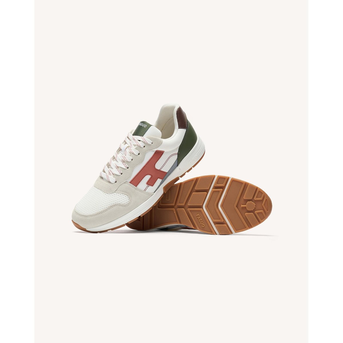 Running tissu suede OLIVE blanc et terracotta et kaki, FAGUO