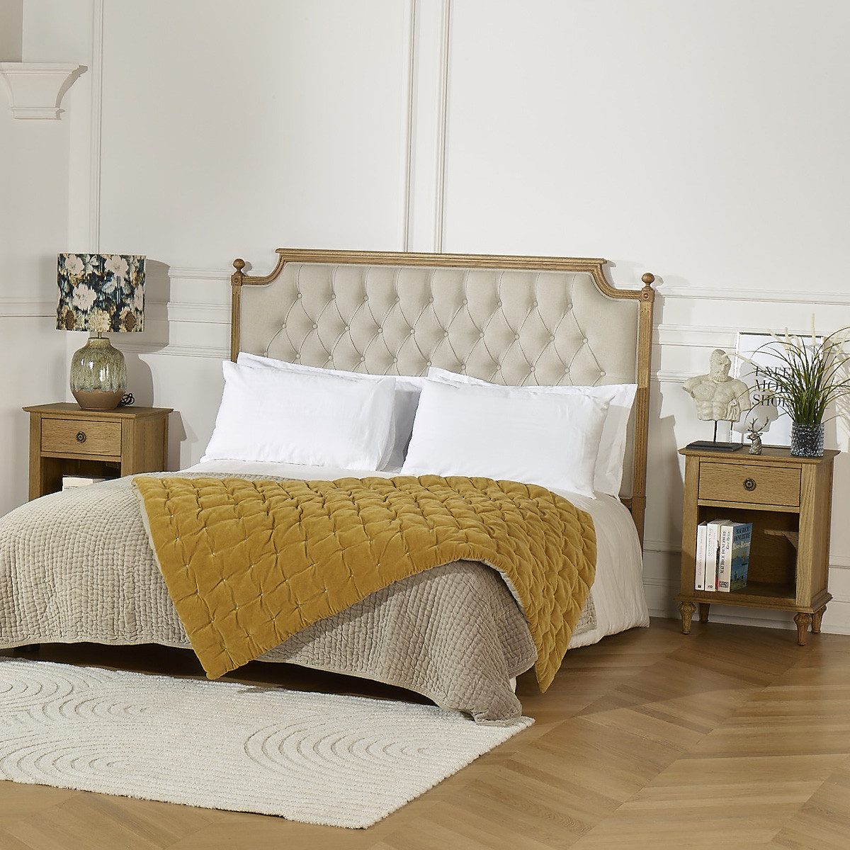 Tête de lit 160 cm style shabby chic en chêne et lin VENICE ficelle, ROBIN DES BOIS
