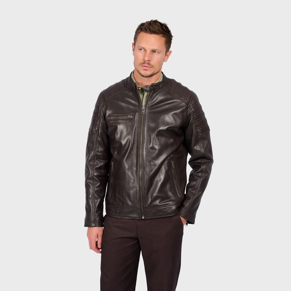 Veste en cuir zippé Col mao SHELBY marron, OAKWOOD