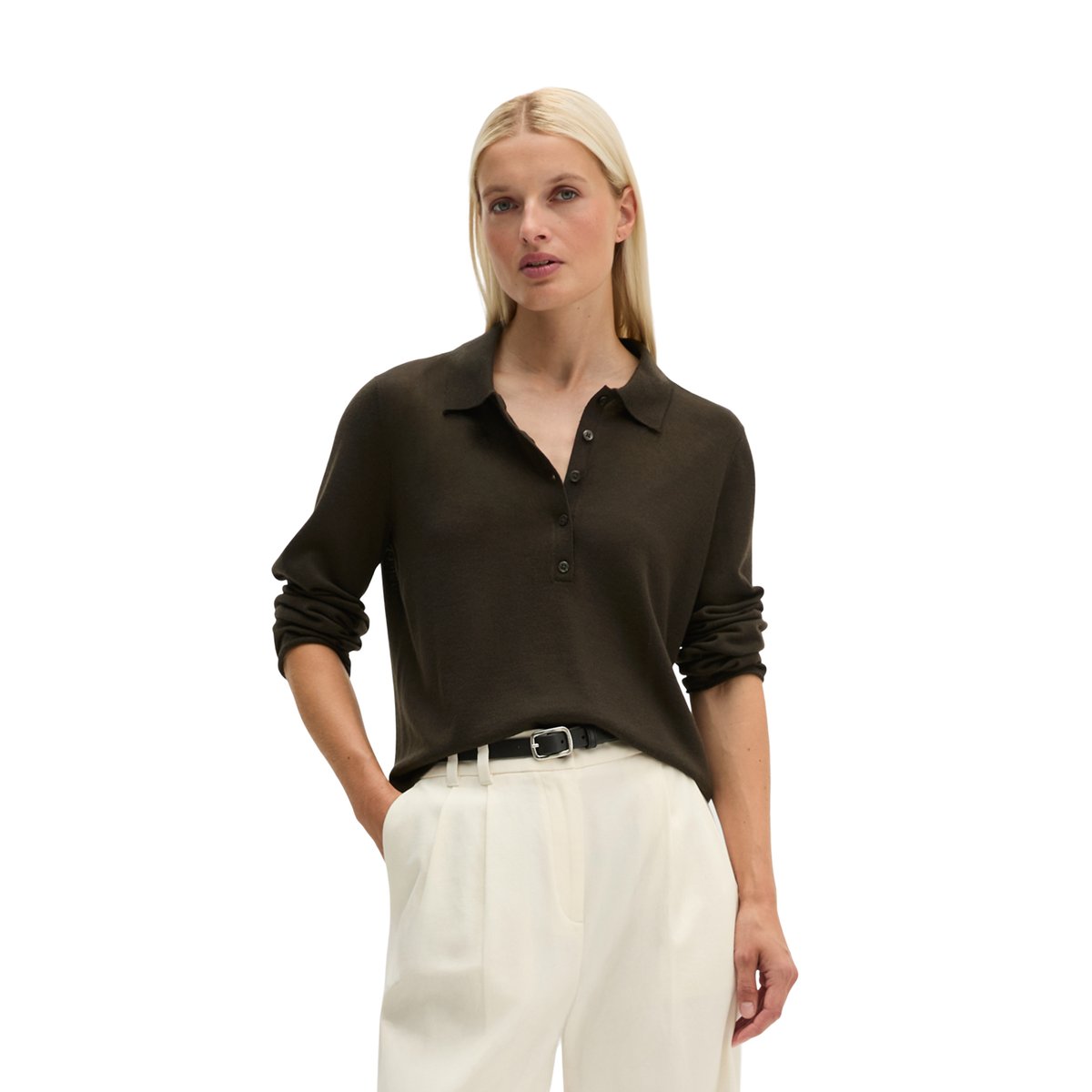 Polo en maille fine regular en fine laine mérinos brun foncé, MARC O'POLO