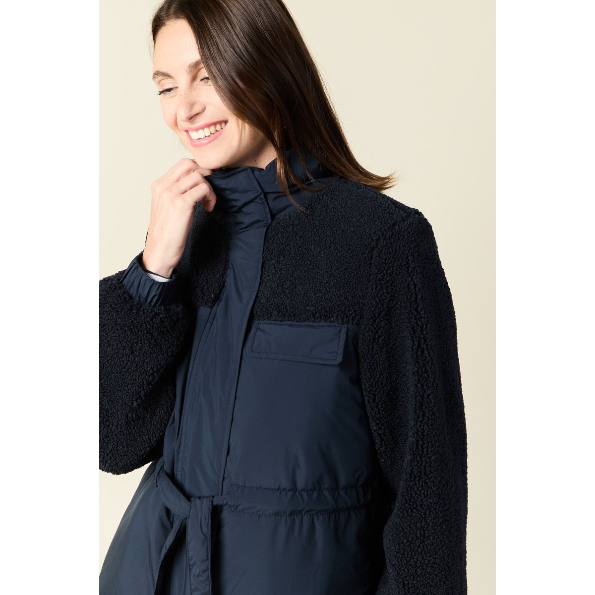 Manteau manches sherpa bleu marine, BONOBO