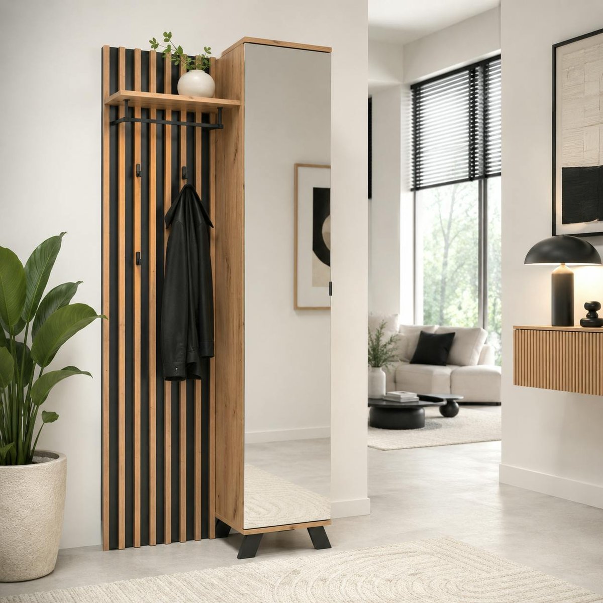 Vestiaire d'entrée moderne 1 porte avec miroir ALVA bois naturel, PIER IMPORT