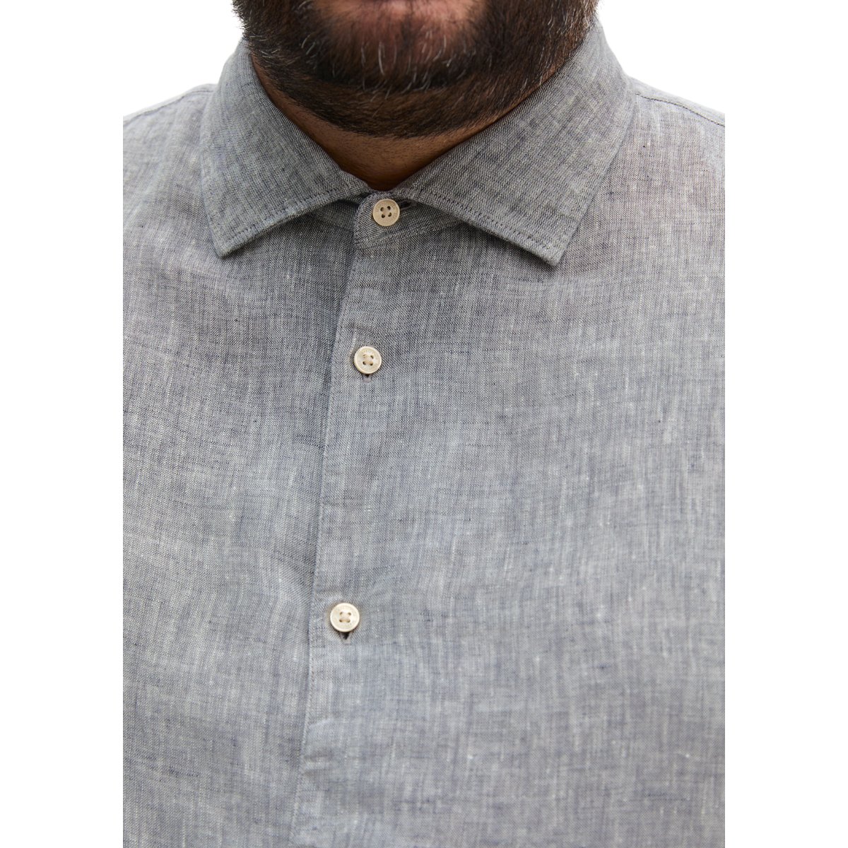 Chemise à col requin shaped en chambray de lin fin bleu moyen, MARC O'POLO