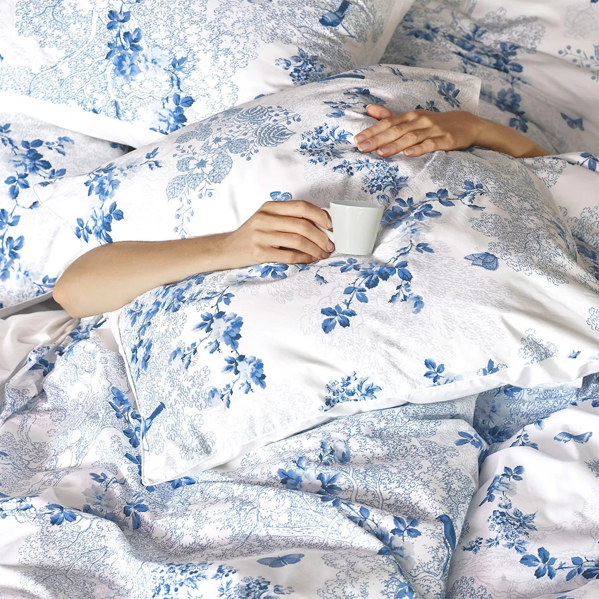 Taie d'oreiller percale de coton VOLIERE bleu, GARNIER THIEBAUT