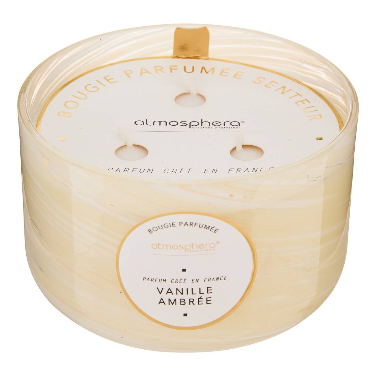Bougie parfumée 540g 3 mèches pot en verre vague WAVY blanc, ATMOSPHERA