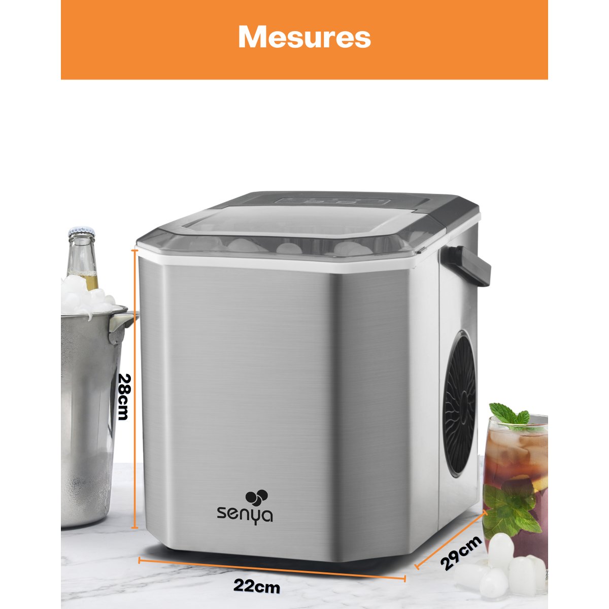 Machine à glaçons électrique portable – Glaçons en 6 min pour apéros et cocktails – 12Kg/24h – Réservoir 1,3 L gris, SENYA