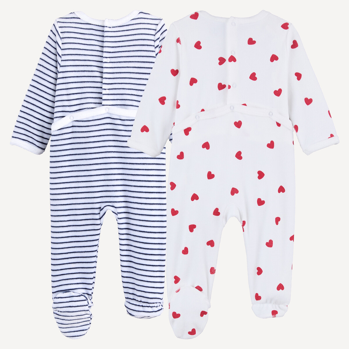 Lot de 2 pyjamas en velours, ouverture dos, motifs cœurs et rayures bleu marine/écru/rouge, LA REDOUTE COLLECTIONS
