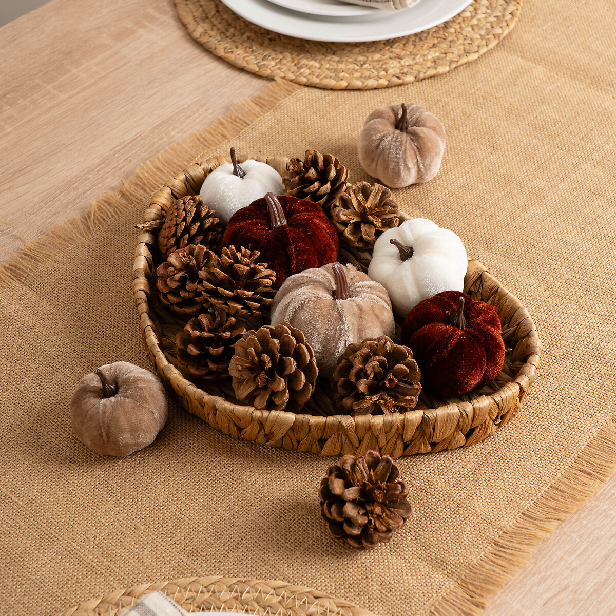 Set of Decorative Velvet Pumpkins & Pinecones with Tray brown , SO'HOME