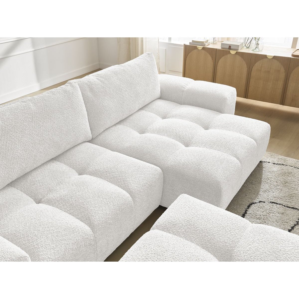 Canapé d'angle convertible 5 places en tissu bouclette avec pouf, ANAKIN blanc, BOBOCHIC