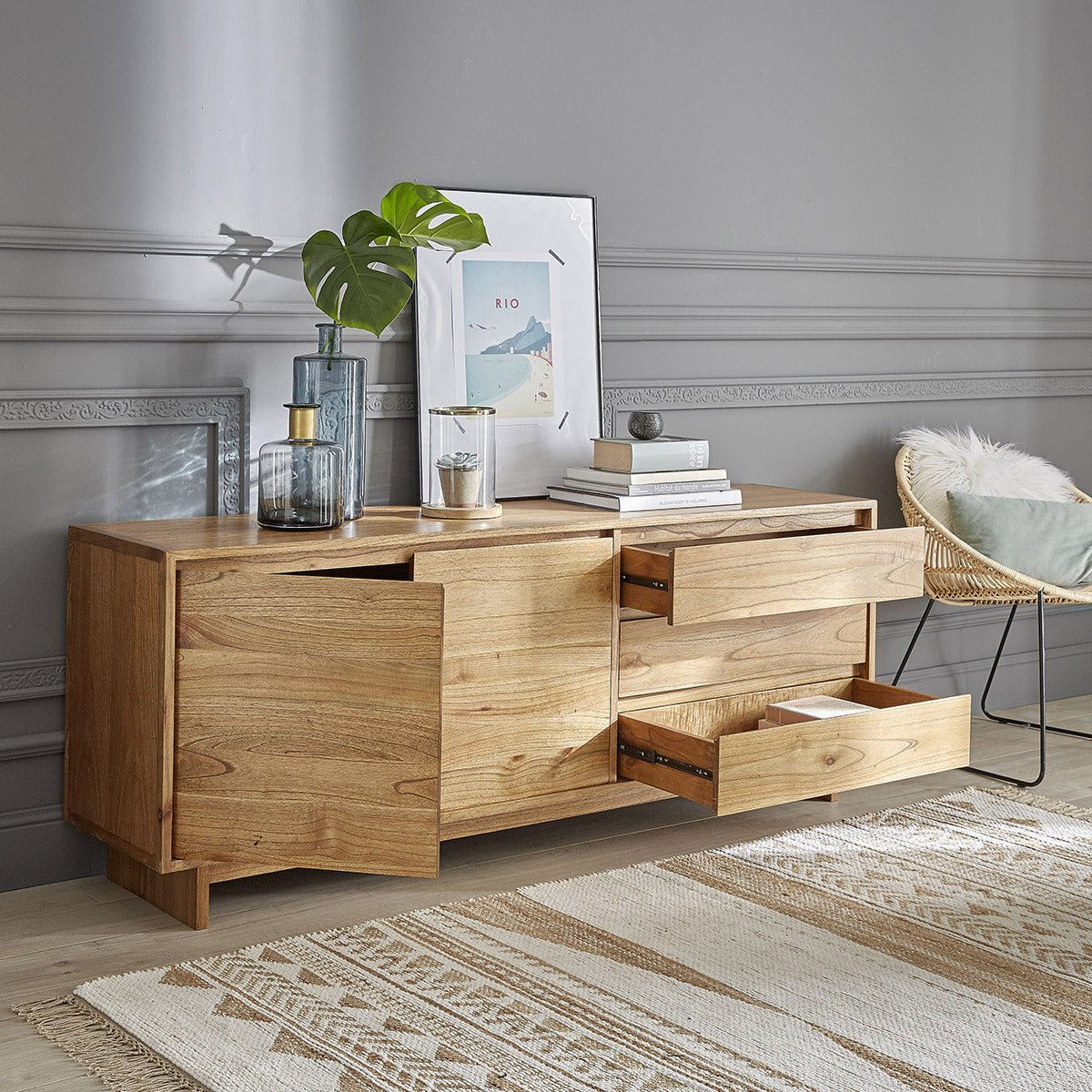 Commode en bois massif 180 cm 2 portes 3 tiroirs  TILO naturel, BERAH GETAH