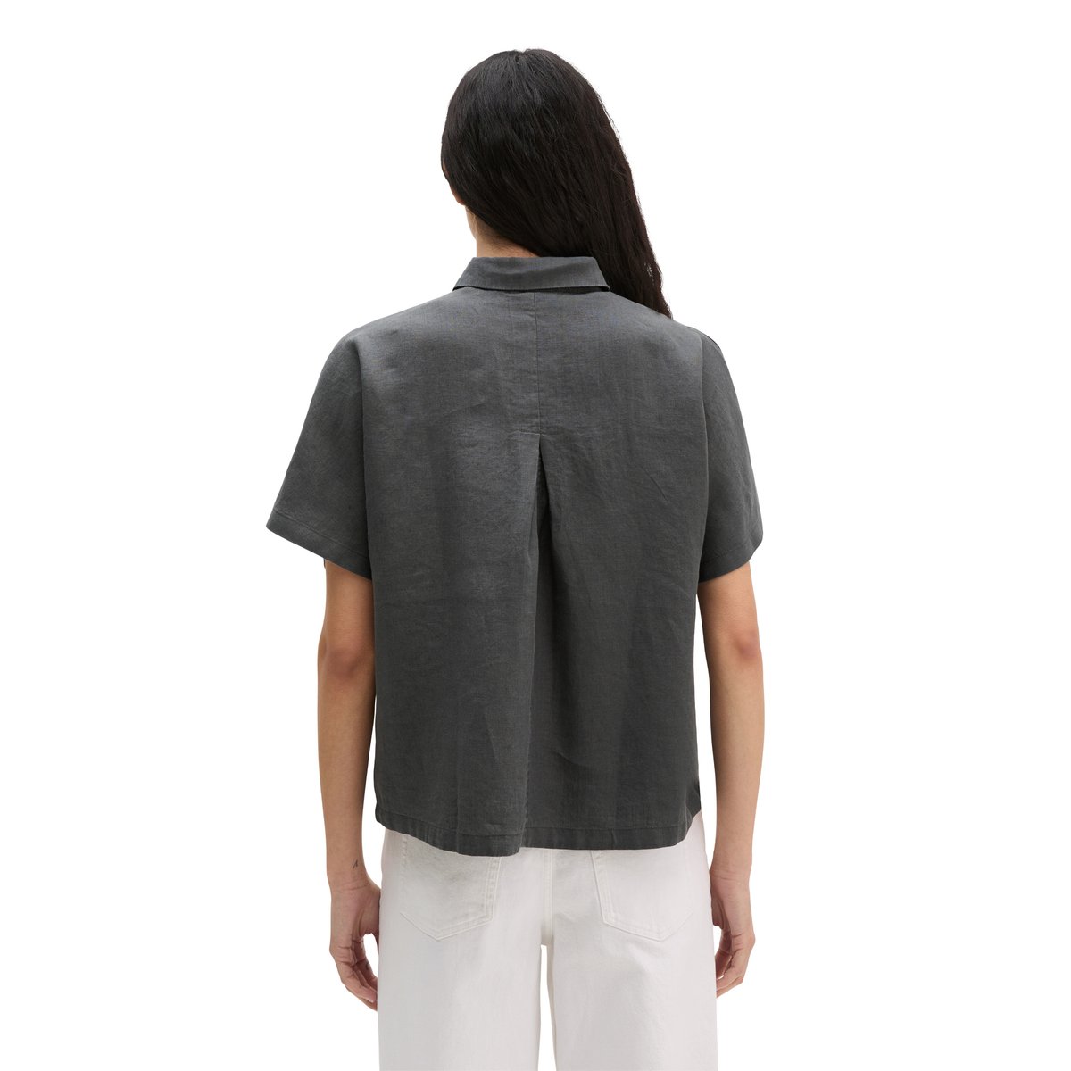 Blouse en lin à manches courtes regular avec de larges plis dans le dos dunkelgrau, MARC O'POLO