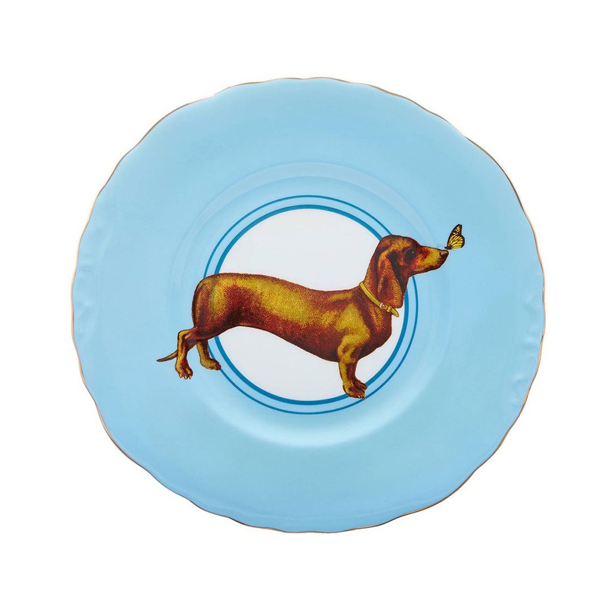 Assiette Teckel 24cm multicolor , détails bords dorés, YVONNE ELLEN