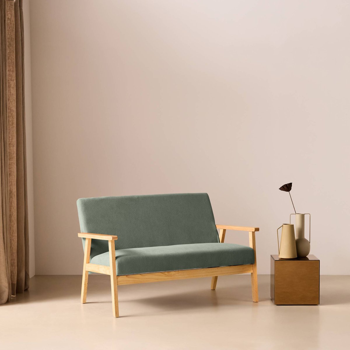Canapé banquette 2 places bois d'hévéa velours côtelé ISAK taupe, SWEEEK