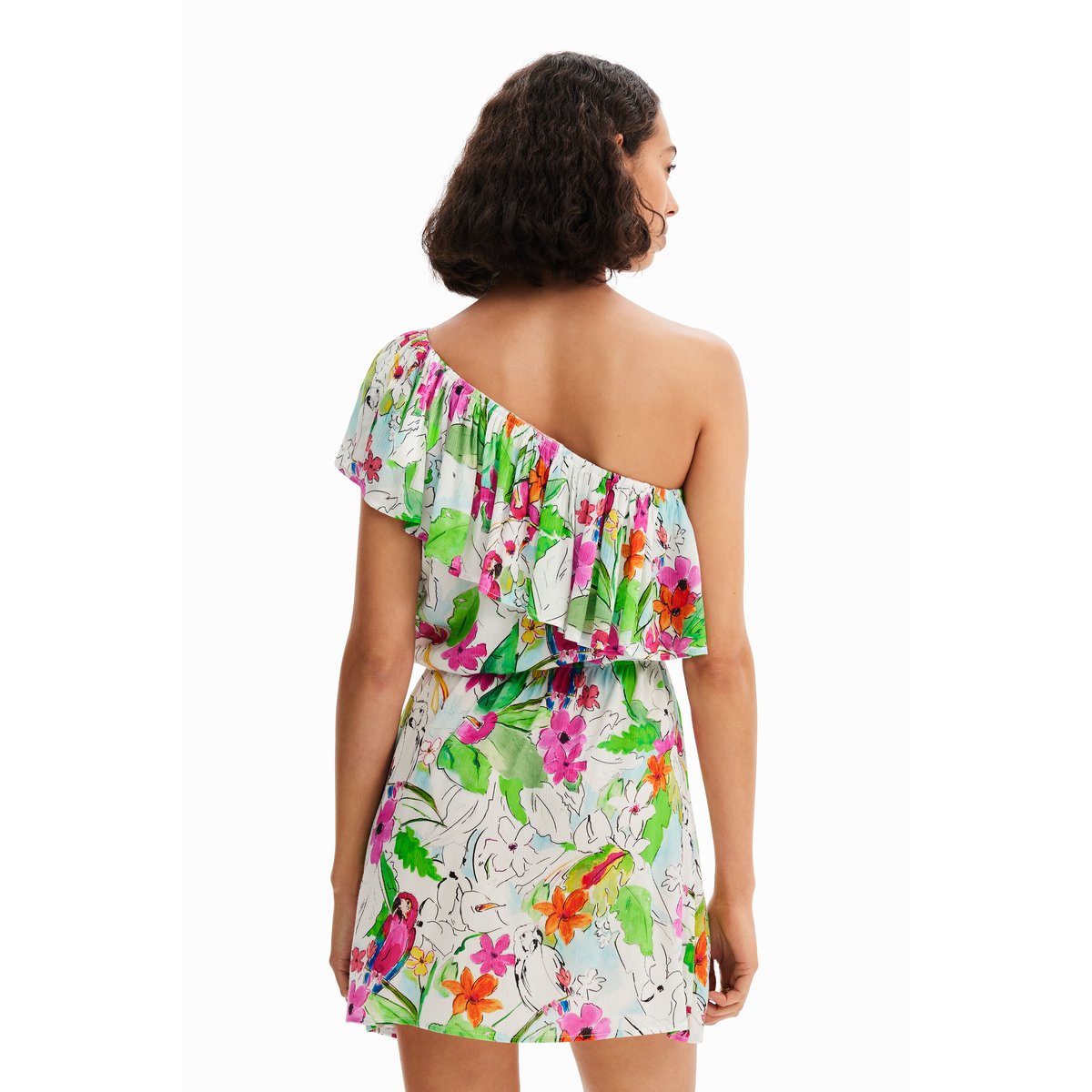 Robe courte asymétrique tropicale blanc, DESIGUAL