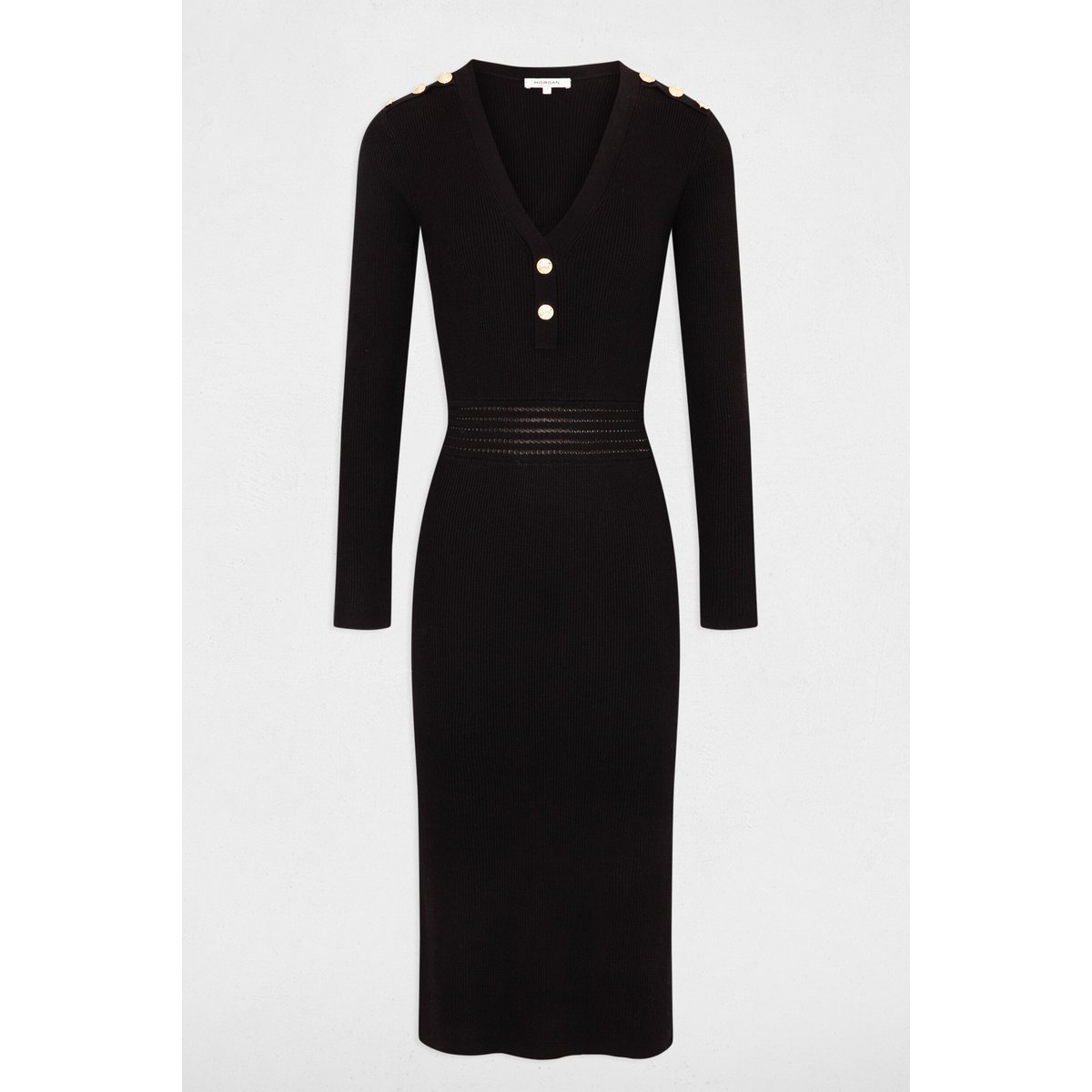 Robe tricot midi ajustée noir, MORGAN