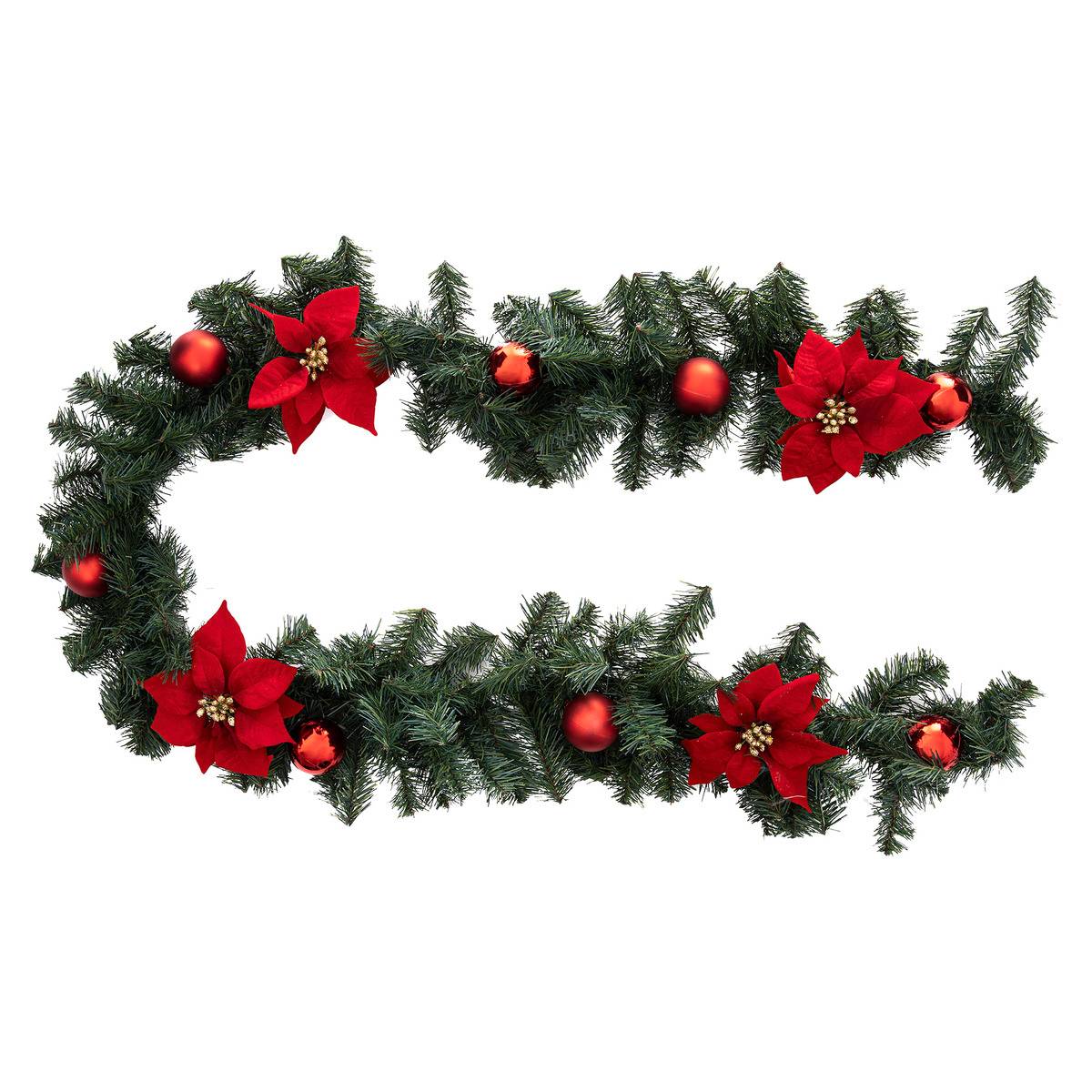 Guirlande de Noël poinsettias rouges boules rouges en plastique 2m vert, FEERIC LIGHTS & CHRISTMAS