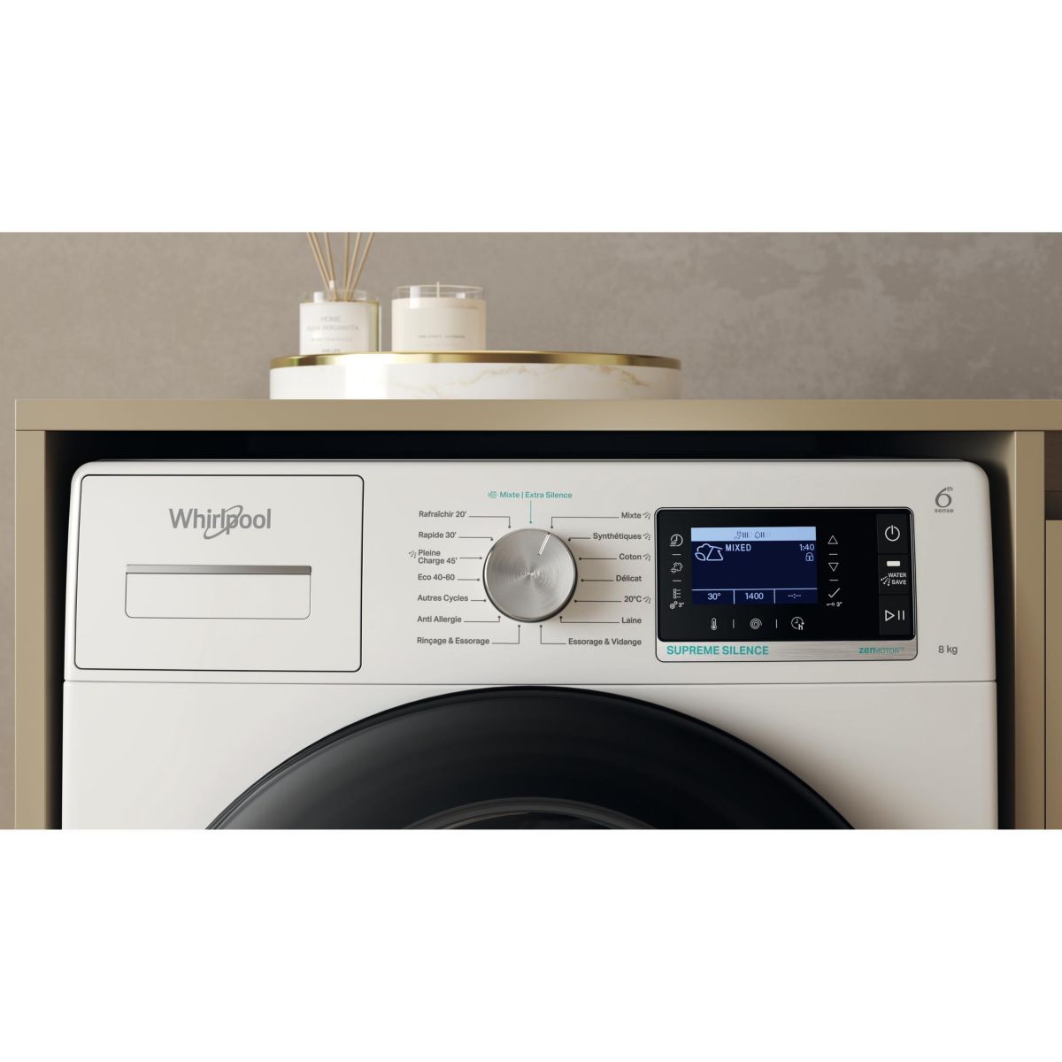 Lave linge hublot W7X89B - 8kg - 1400 trs - Moteur induction à entraînement direct (sans courroie) couleur unique, WHIRLPOOL