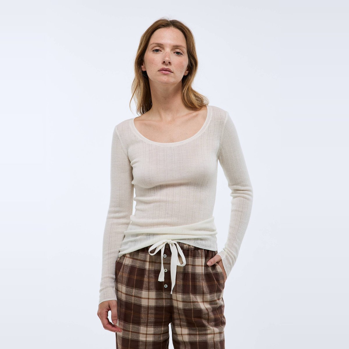 T-shirt manches longues contenant de la laine ivoire, MONOPRIX