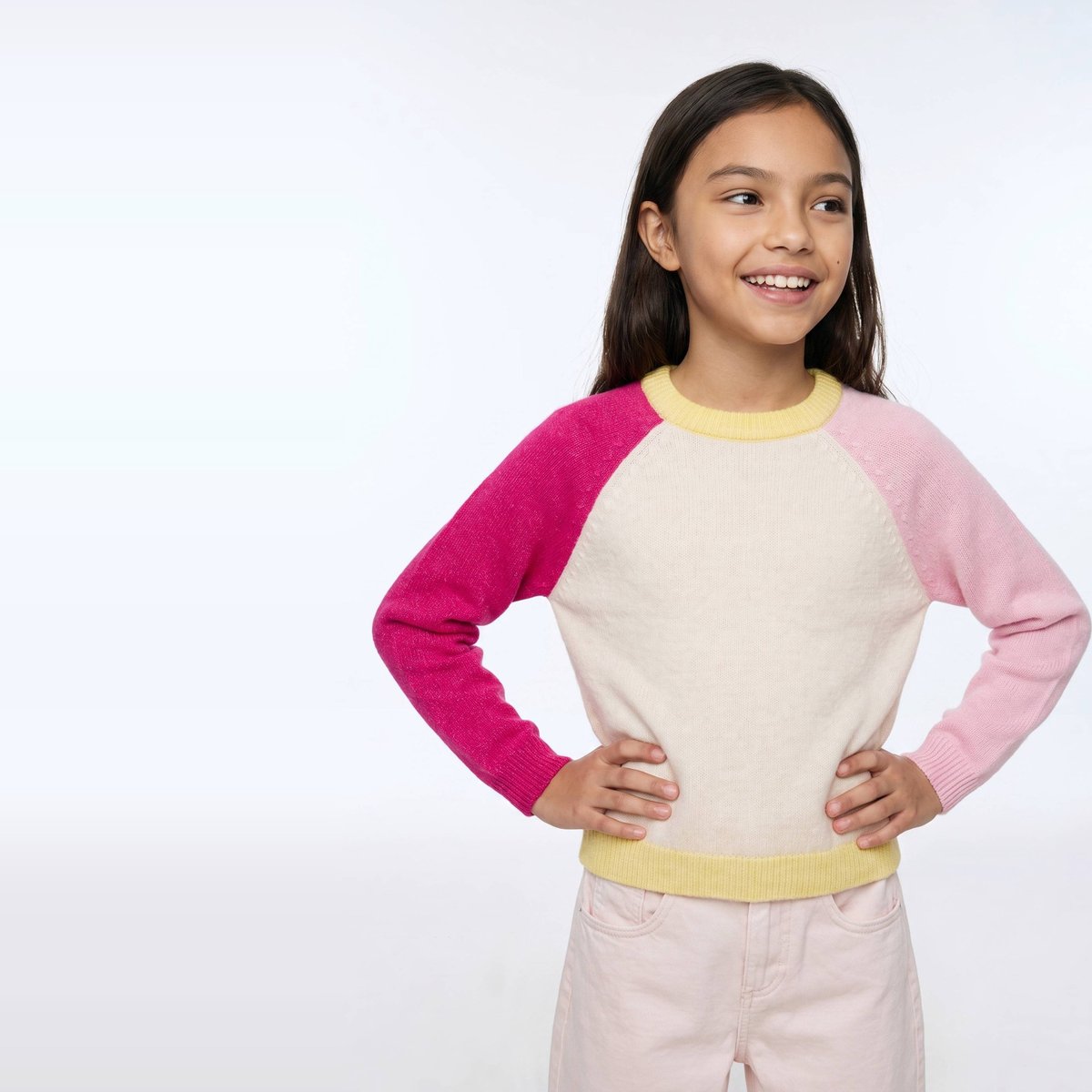 Pull colorblock contenant de la laine fluo rose, MONOPRIX