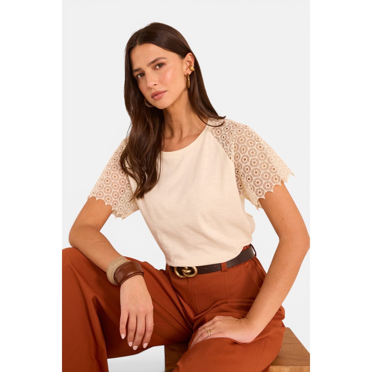 T-shirt à manches courtes brodée en coton TRACY creme, Maison 123