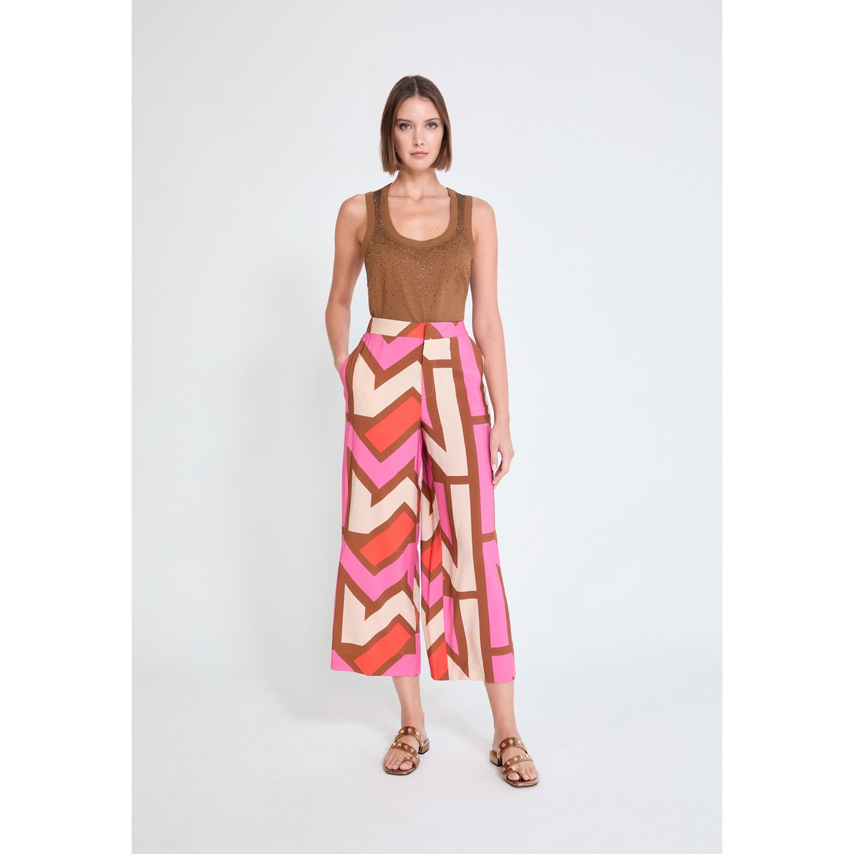 Pantalon large fluide à imprimé géométrique et taille élastiquée rose, LOLA CASADEMUNT