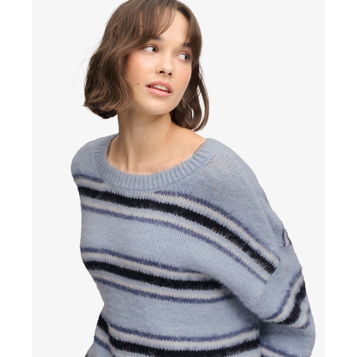 Pull Maille Rayée Coupe Décontractée rayure brume bleue, SUPERDRY