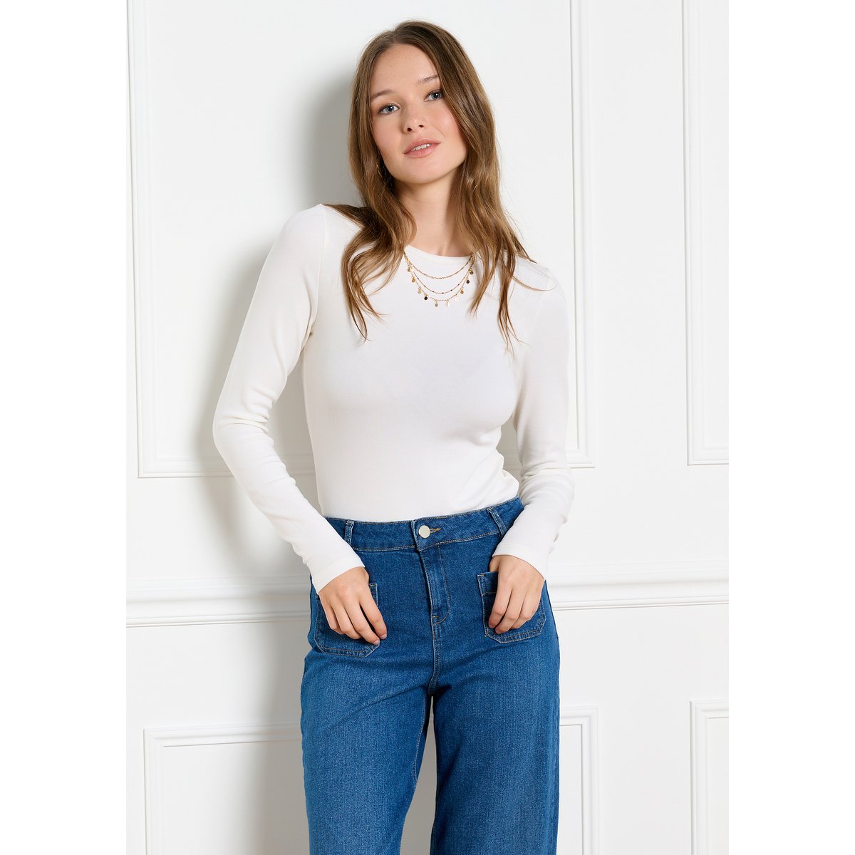 T-shirt doux à manches longues blanc casse, LOLALIZA
