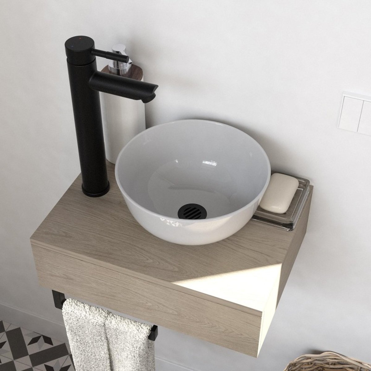 Lave-mains plan épais + vasque SOHO décor chêne, MOB IN