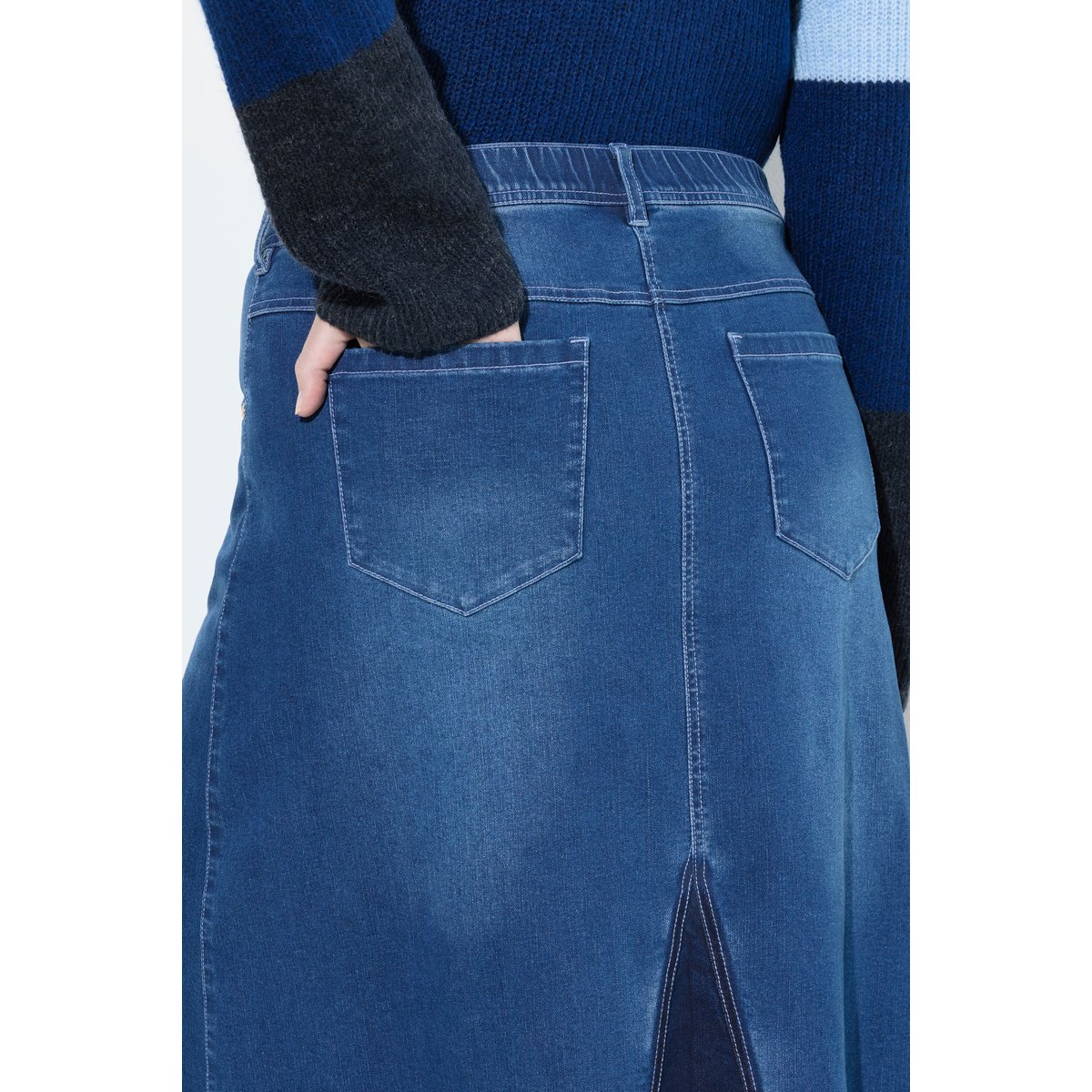 Jupe en jean, denim stretch et ourlet frangé bleu jean, ULLA POPKEN