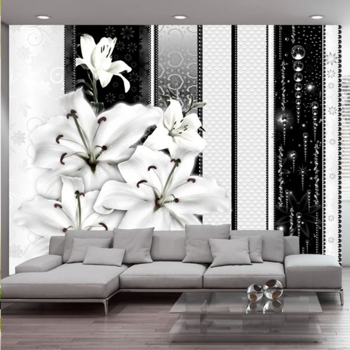 Papier peint intissé panoramique Fleurs Crying lilies in white noir, EDEN