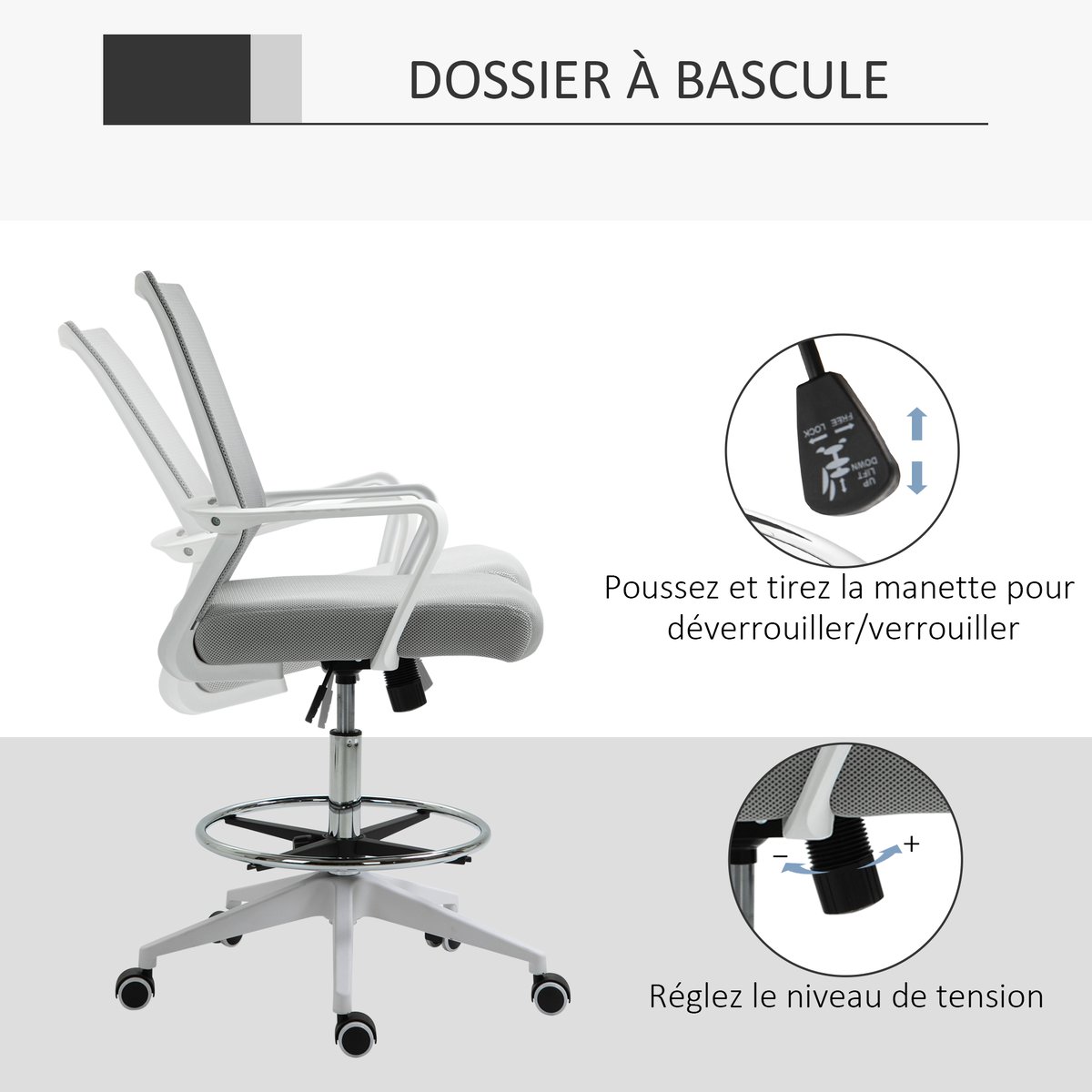 Chaise de bureau pour poste de travail debout gris et blanc, HOMCOM