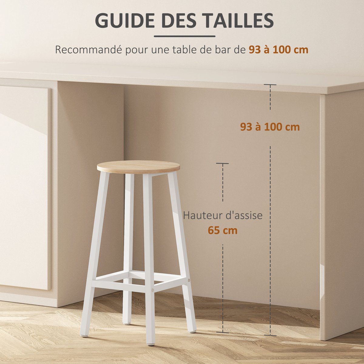 Tabouret de bar Panneau de particules Bois blanc, bois naturel, HOMCOM