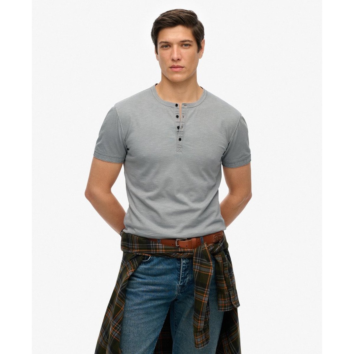 T-shirt Henley Jersey à Manches Courtes gris acier, SUPERDRY