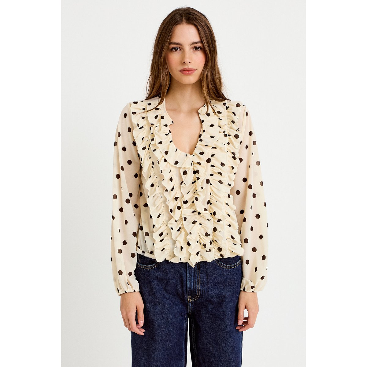 Blouse droite col v manches longues blanc, CACHE CACHE